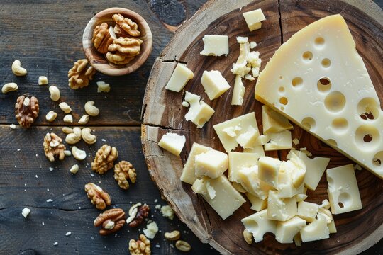 Top-down view of a wooden plate covered with a selection of cheese and nuts
