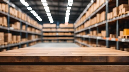Close up to the wooden table with blurred warehouse on the background.	 - obrazy, fototapety, plakaty