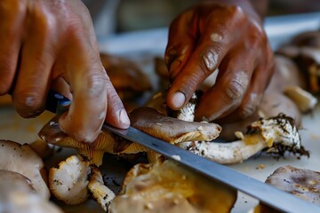 closeup of hands cutting a mushroom with a knife - Powered by Adobe