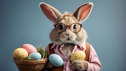 Fototapeta na wymiar Easter Bunny in glasses, charming, and holding eggs