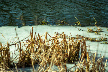 The beginning of spring. Melting ice on the river.