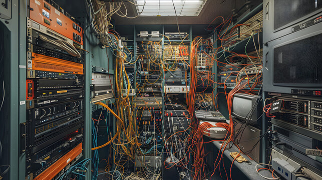 Messy cables in the data center room. Artificial intelligence, server room, database, cloud