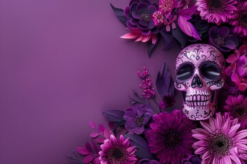 purple background with many dark pink flowers, a sugar skull on the right side, with empty space for text above, in a Halloween style