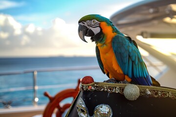 macaw perched on an embellished pirate hat on boat deck