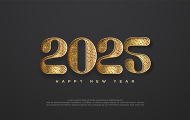 Happy New Year 2025 with luxury gold glitter numbers in the black background. Premium vector design for greetings and celebration of Happy New Year 2025.