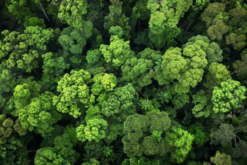 View from above of a dense forest with numerous trees creating intricate patterns and textures in...