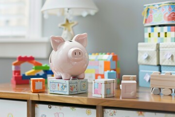 piggy bank on a dresser surrounded by toy blocks