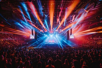 A wide angle view of a crowded concert venue filled with enthusiastic people enjoying the live...