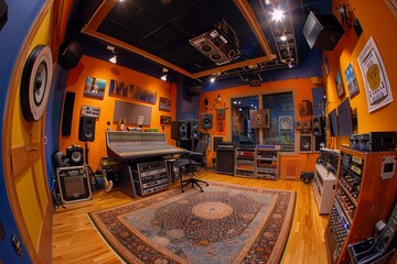 A room packed with various musical instruments and recording gear, ready for professional use - Powered by Adobe
