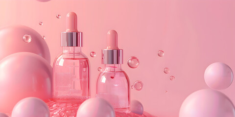 Beauty and care cosmetic product with pink tones,The bottle of moisturizing serum stands in the water waves on the pinkyellow background.