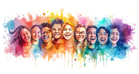 teens diversity, race, ethnicity and people concept - international group of happy smiling men and women over white