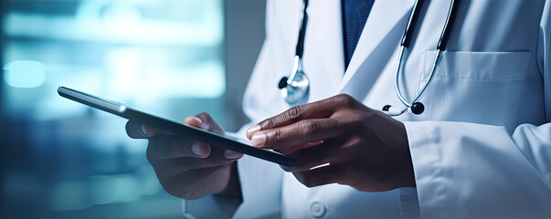 Doctor using digital tablet in hospital rooms. digital healthcare and medicine review.  banner