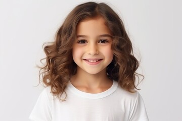 Portrait of a cute little girl with long curly hair over gray background