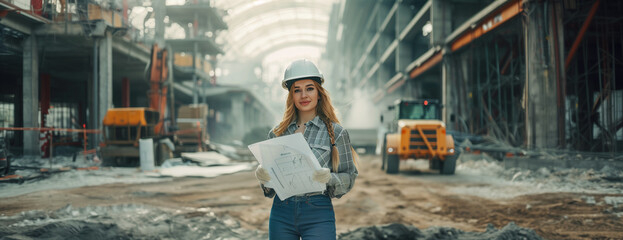 Female builder standing proudly with project plans in hands, white helmet on her head, In the background building place area, building machines. AI Generative.