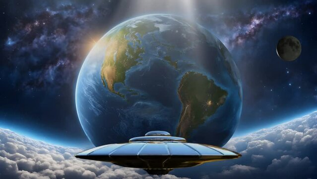 UFO with earth in space. Seamless looping time-lapse 4k video animation background