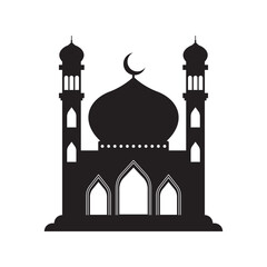 Vector islamic mosque black silhouette. Ramadan muslim icon isolated on white. Arabian mosque building shape with minarets. Eid Al-Fitr illustration