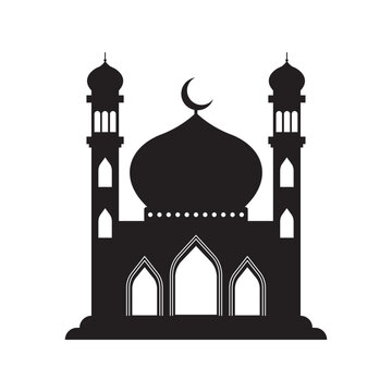 Vector islamic mosque black silhouette. Ramadan muslim icon isolated on white. Arabian mosque building shape with minarets. Eid Al-Fitr illustration