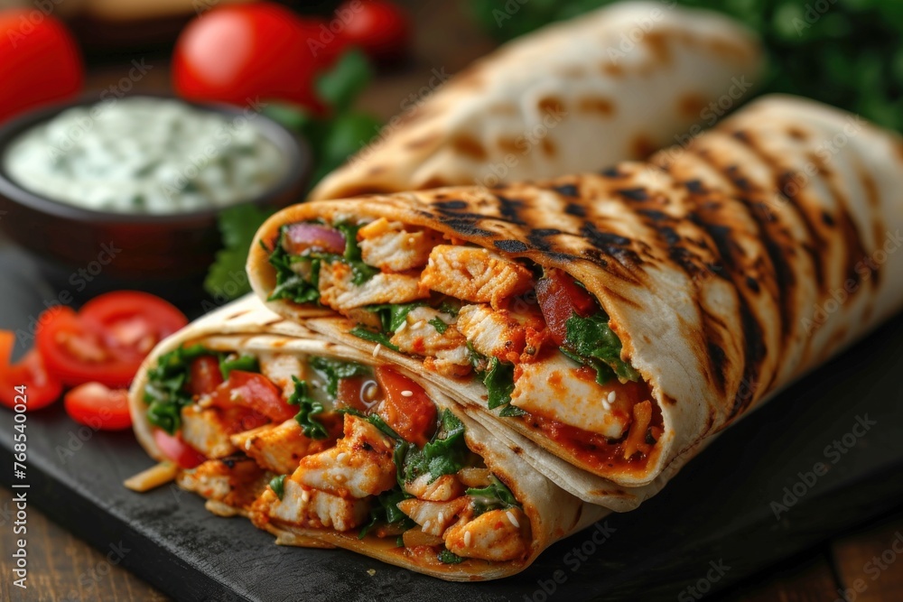 Wall mural Savory Grilled Chicken Burritos Shawarma Served on a Wooden Platter in a Rustic Kitchen Setting - Wall murals