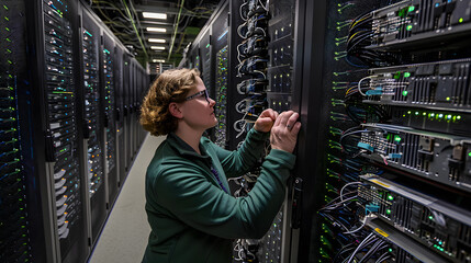 Woman engineer is inspecting data center. Artificial intelligence, server room, database, cloud