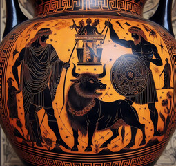 Close up of a vase from ancient Greece representing mythological scenes.