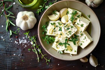 A bowl filled with food sits beside fresh garlic and aromatic herbs in a rustic, clean setting, perfect for southern home-style cooking or stock photography