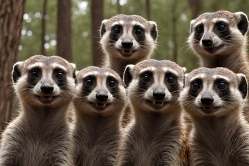 Meerkats lined up in a row and look at the camera - obrazy, fototapety, plakaty