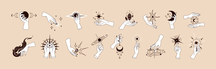 Magic symbols in witch hands set. Holding mystic moon, star, sun, psychic eye, witchcraft crystal, sorcery diamond. Esoteric occult spiritual mysterious concept. Hand-drawn vector illustrations