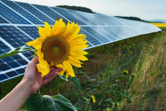 hand holding sunflower in front of a field of solar panels