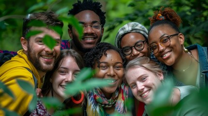 A multicultural group of friends happy together in the lush green nature, diversity and inclusion
