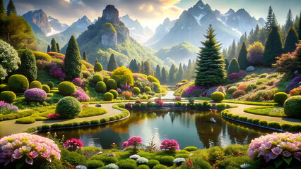 Mountain Sunset Serenity: A picturesque landscape adorned with colorful flowers, nestled by a tranquil river under a radiant sky - obrazy, fototapety, plakaty
