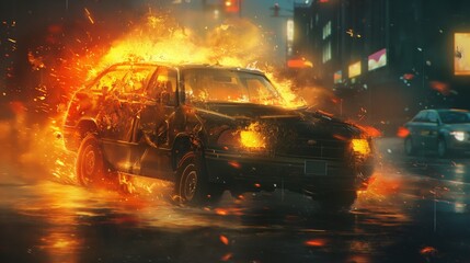 A dramatic scene of a vehicle engulfed in flames during a night on a city road with reflections on wet asphalt.