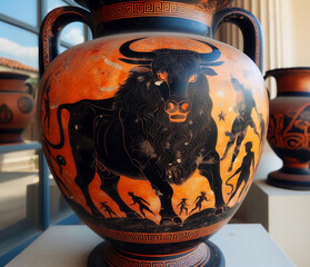 Ancient greek jar in a museum showing a giant cretan bull surrounded by citizens. - obrazy, fototapety, plakaty