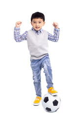 Happy asian Boy  standing with football  isolated on white background