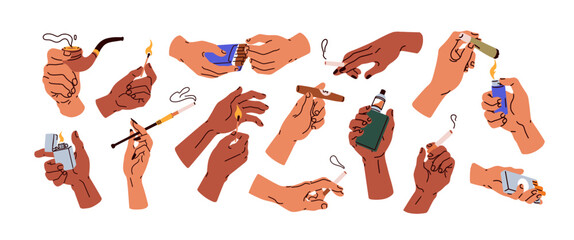 Hands hold cigar, lighting cigarette with lighter, smoking vintage pipe, modern vaporizer, vape device, flamed match, tobacco. Smokers arms set. Flat vector illustrations isolated on white background