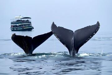 Fototapeta premium two whale tails synchronously diving, tour boat nearby