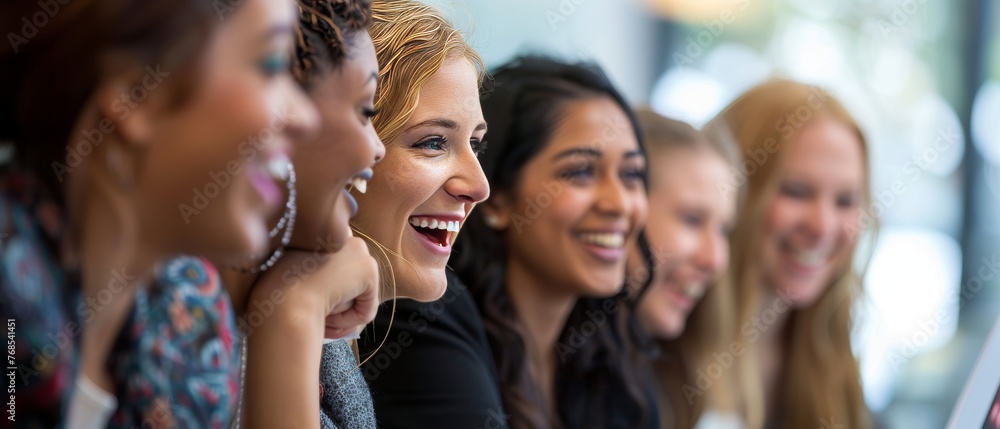 Poster multiethnic group of businesspeople with different ages in a modern workplace discussing and laughin