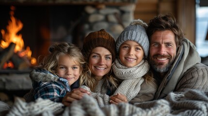 A happy family of four are sitting together beside a fireplace in winter season indoors at home