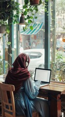 Rear view of an arab woman wearing a red scarf sitting at a table with a laptop in a cafe working remotely