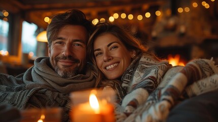 Portrait of a young couple sitting on a couch smiling in front of the camera during cold winter