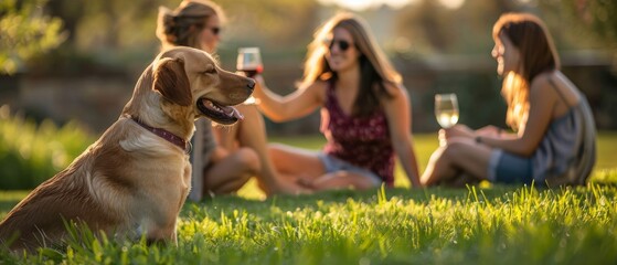 Friends playing with a dog and drinking wine in the backyard of a country house as they sit on the green lawn