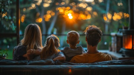 Rear view of a family of four sitting on a couch and watching the sun set in a sofa in their warm and cozy home