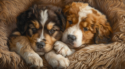 A pair of puppies with contrasting black and brown fur cuddling in a cozy, textured environment