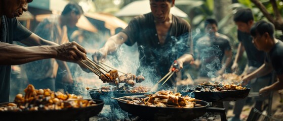 There are Asian men cooking barbecue for a group of friends