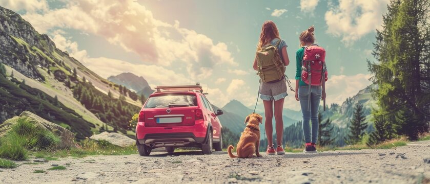 An image of a family traveling with a pet near a car in the mountains, with space for text.