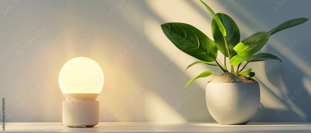 Poster this energy saving eco lamp is made with green sprouts and leaves, isolated on a white background. i