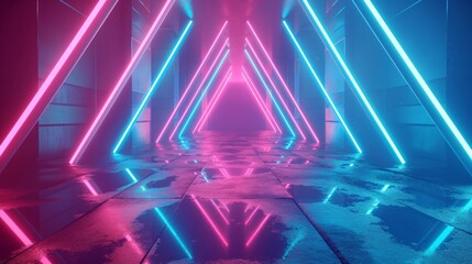 A vibrant neon-lit corridor creates a symmetrical perspective with reflections on a wet floor, evoking a futuristic or sci-fi atmosphere.