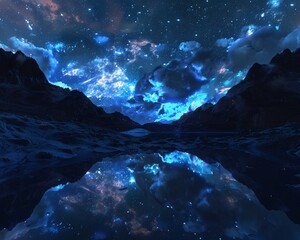Mirrorscape reflecting a night sky, where nanotechnology constructs move with purpose, protected by unseen wards,