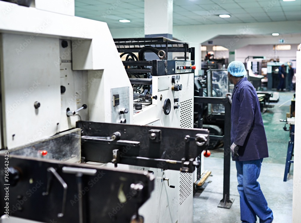 Poster man, printer and machine in factory for packaging, system and industry for manufacturing and distrib