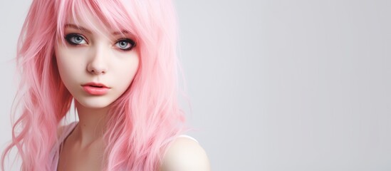 A woman with vibrant pink hair is striking a pose on a white background, ready to be photographed. She exudes confidence and style with her unique look.