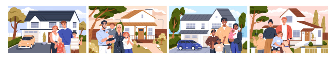 Happy families with kids standing in front of new houses. Smiling parents and children, portraits outside homes, maisons. People and property, real estate, mortgage. Flat vector illustrations - 768542452